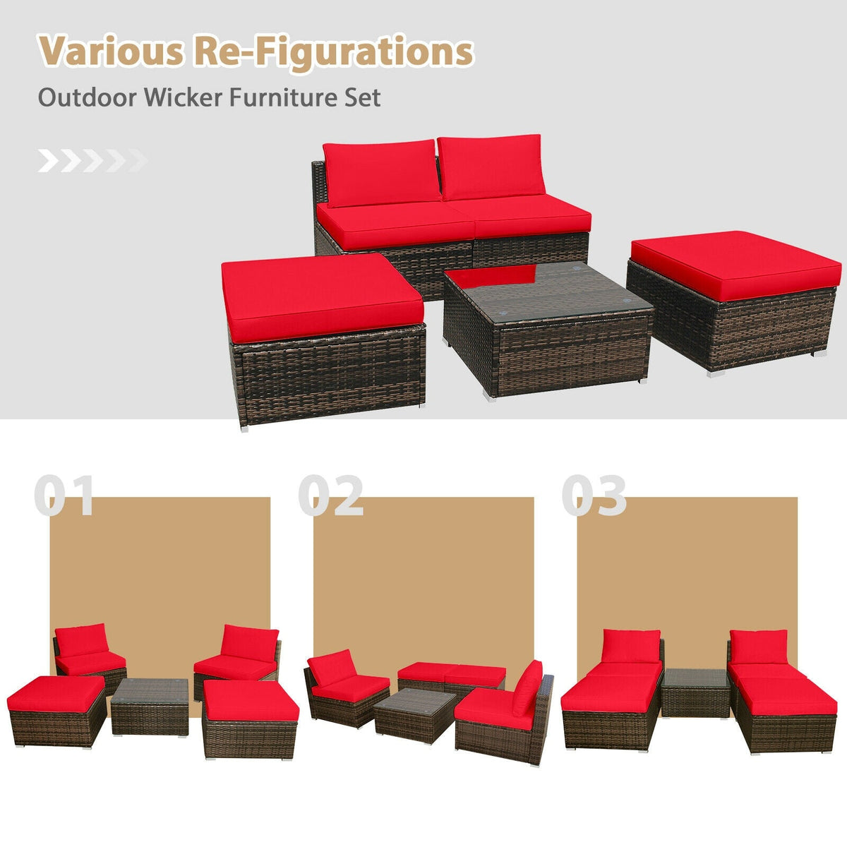 5 Pieces Patio Rattan Furniture Set with Cushioned Armless Sofa 16