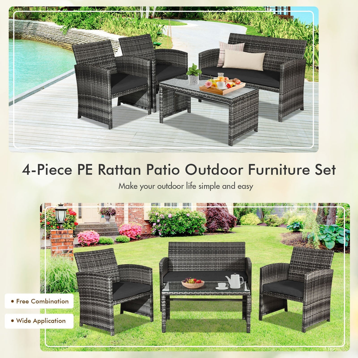 4 Pieces Patio Rattan Furniture Set with Glass Table and Loveseat-Gray 8