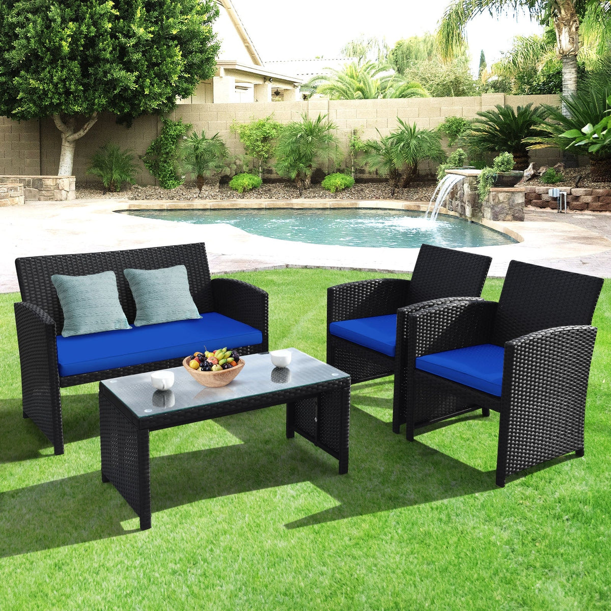 4 Pieces Rattan Patio Furniture Set with Weather Resistant Cushions and Tempered Glass Tabletop 2