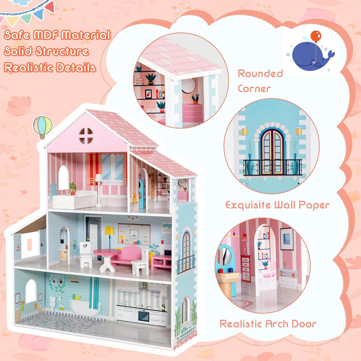 3-Tier Toddler Doll House with Furniture Gift for Age over 3 6