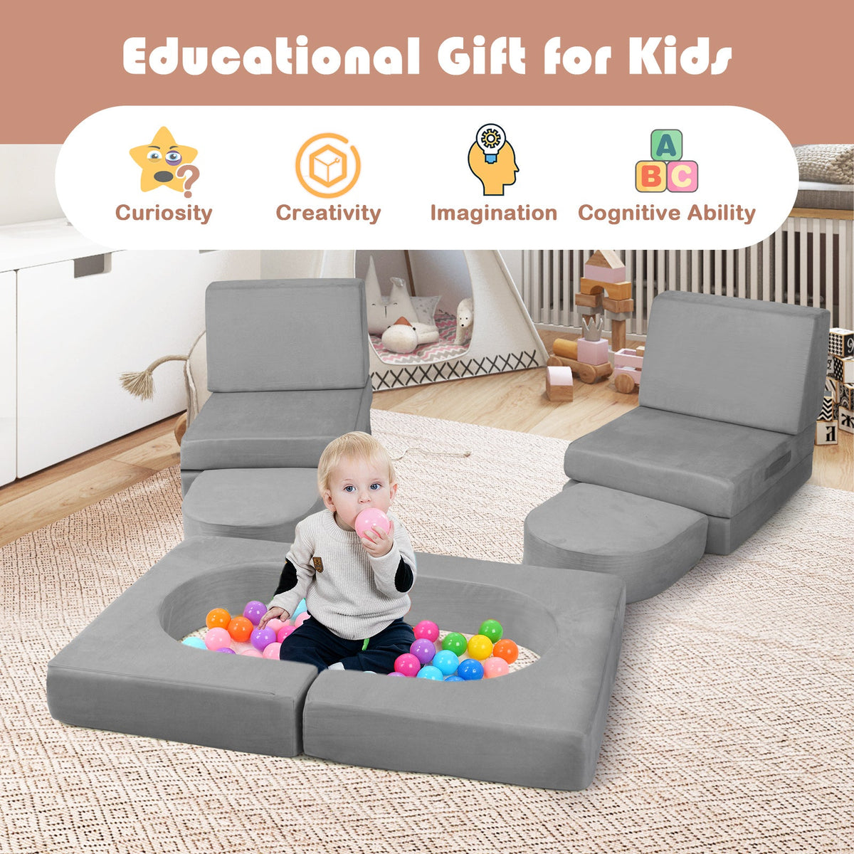 8-Piece Modular Kids Play Couch with Comfy Suede Fabric 5