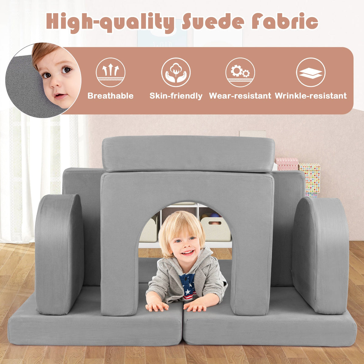 8-Piece Modular Kids Play Couch with Comfy Suede Fabric 6