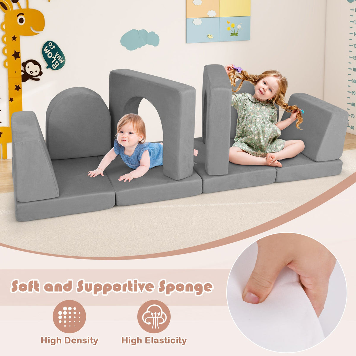 8-Piece Modular Kids Play Couch with Comfy Suede Fabric 8