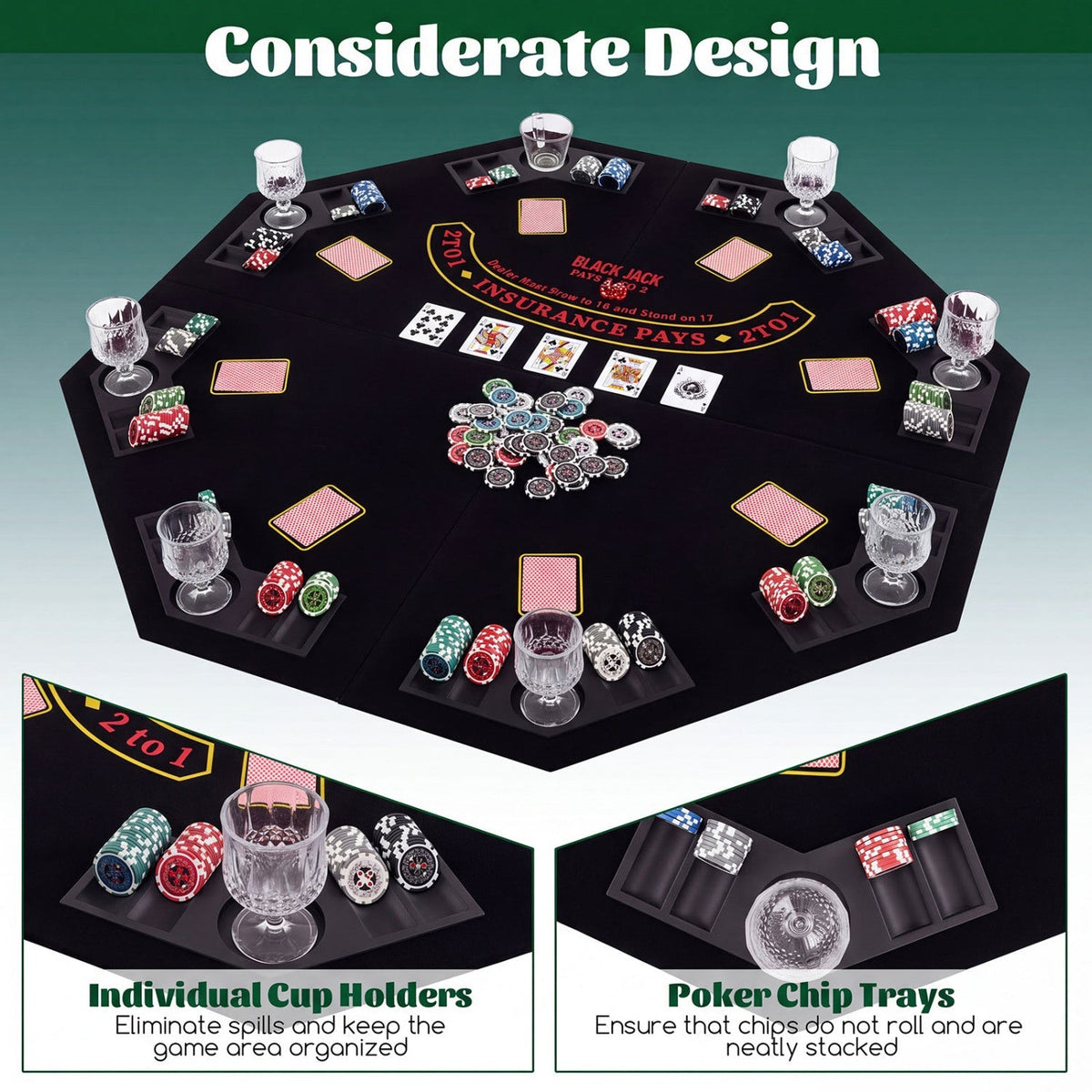 8-Player Foldable Poker Table Top with Cup Holders 6