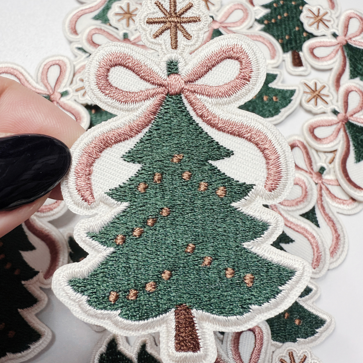 3" Christmas Tree w Bow -  Embroidered Hat Patch 2