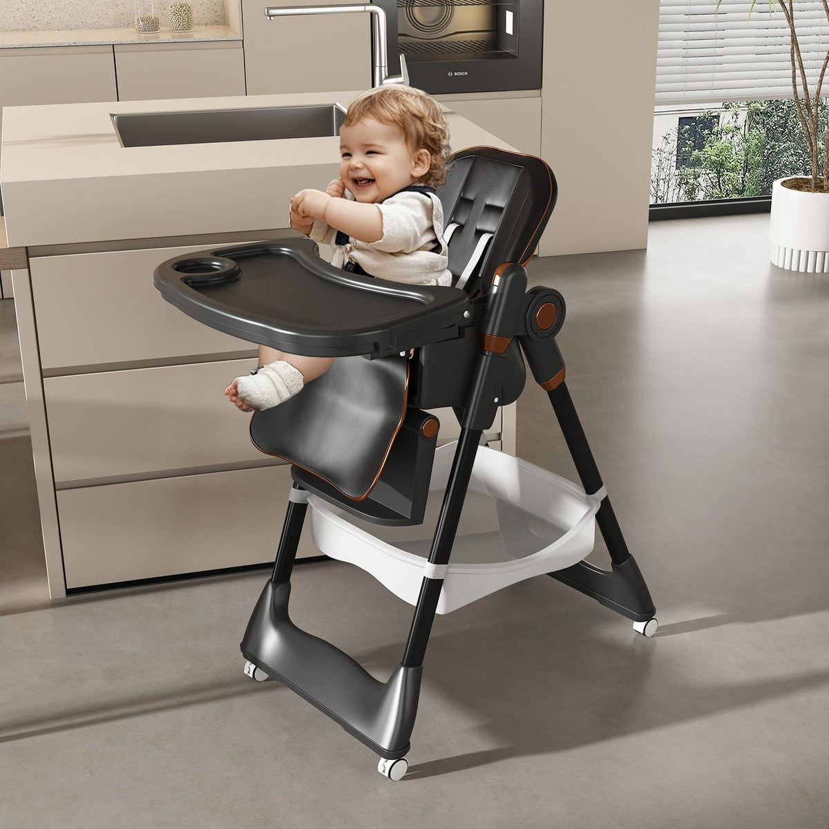 Adjustable Baby High Chair 0-6 Years, Portable Infant Feeding Seat With Safety Belt, Silent Lockable Wheels 8