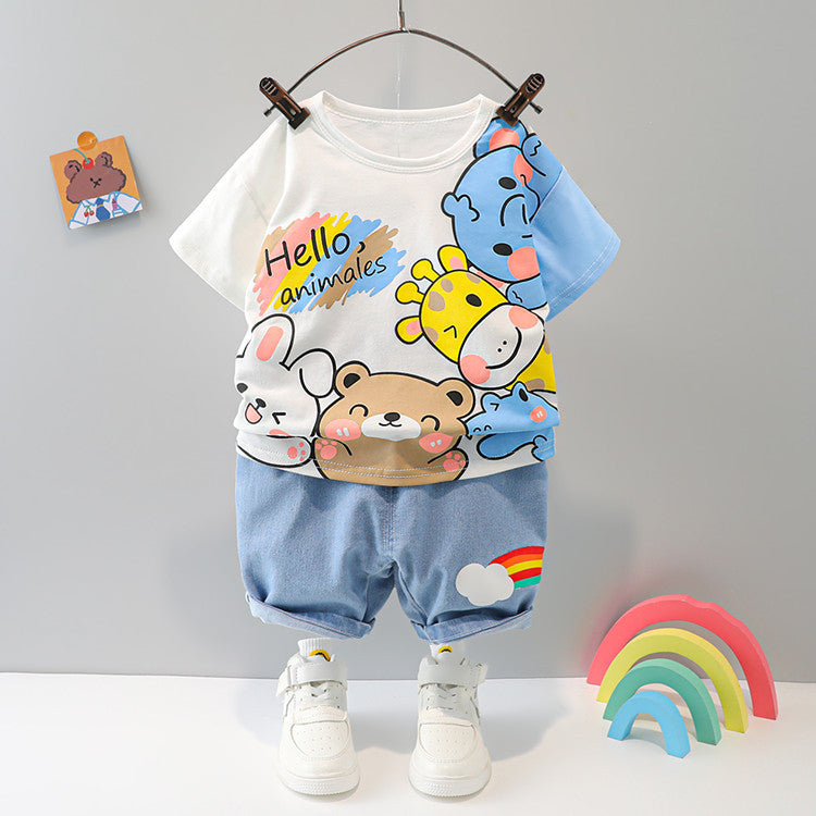 Boys And Girls Short-sleeved Denim Five-point Pants Two-piece Cute Pants Suit Cotton Short-sleeved 6