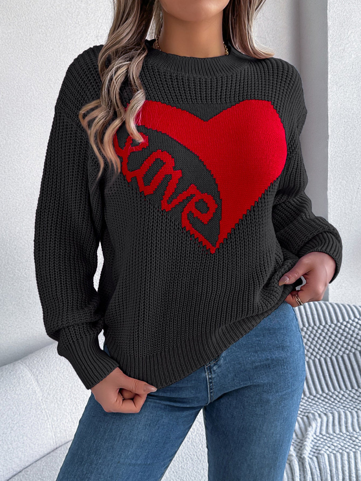 Love Print Pullover Sweater Autumn And Winter Loose Long-sleeved Knitted Tops For Women Valentine's Day Clothing 5