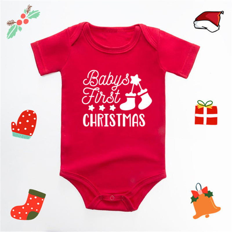 Christmas Deer English Letters Printed Red Triangle Rompers 12