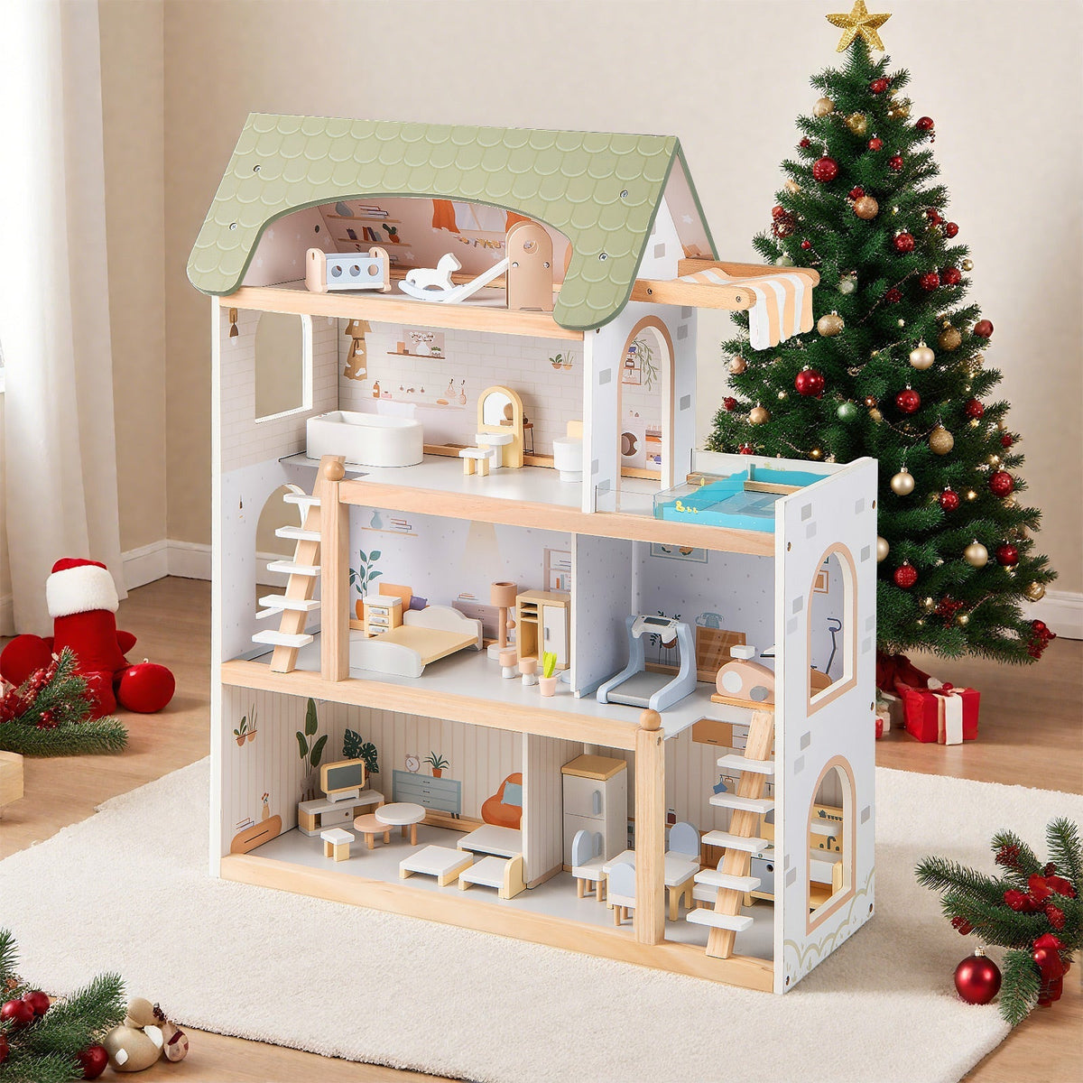 Wooden Dollhouse Kids DIY Pretend Playhouse with 33 PCS Furniture Accessories-Green 6