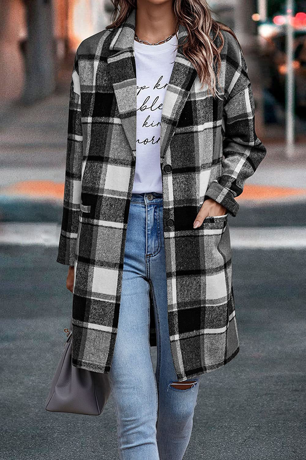 Fashion Plaid Long Jacket With Pockets Autumn And Winter New Style Turndown Collar Woolen Coat Outdoor Women Clothing 7