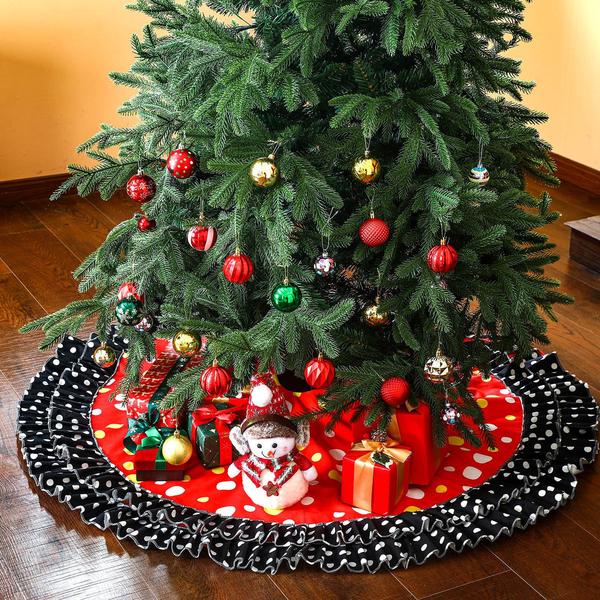 Soulchen Christmas Tree Skirt Double Layer Red Black Yellow Big Wave Point 51" 5