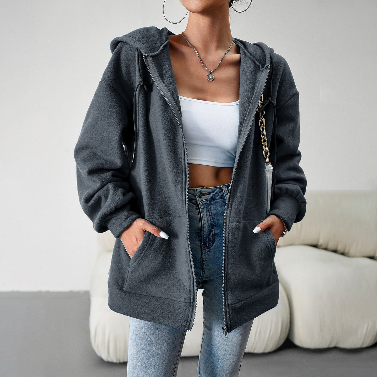 Casual Fashion Hooded Cardigan Jacket With Pockets Winter And Autumn Loose Sports Coat Women Solid Outwear Clothing 5