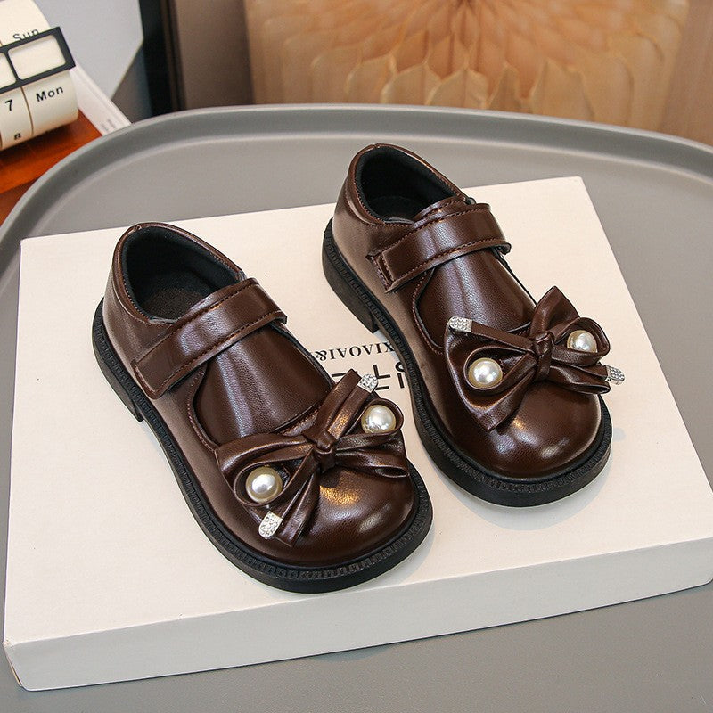 Girls' Leather Shoes, Black Performance Single Shoes, Baby Girls' Bow Princess Shoes, Bean Shoes 4
