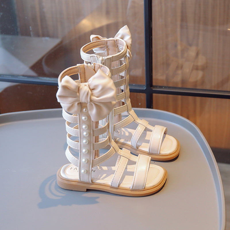 Summer Style Hollow-out Bow Pearl Sandals For Girls 7
