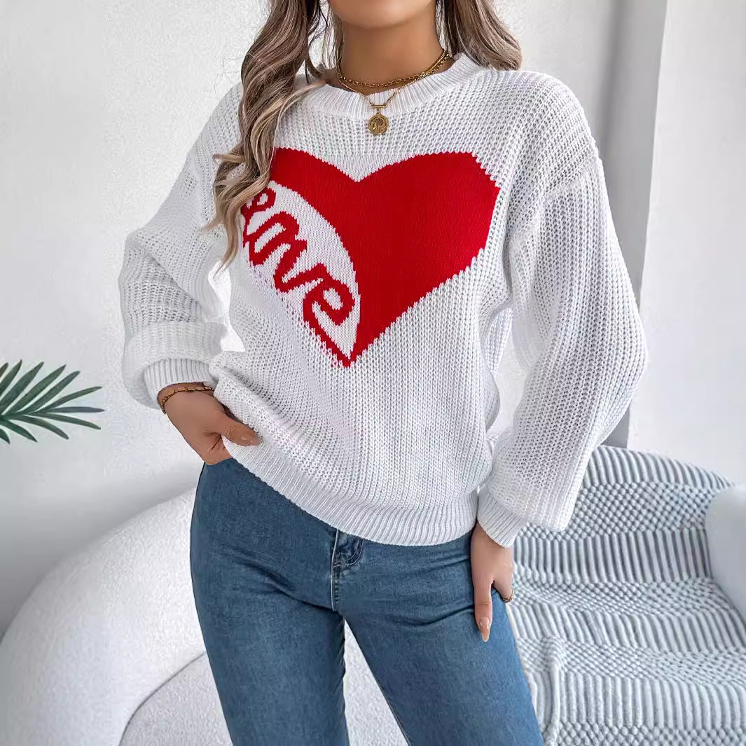 Love Print Pullover Sweater Autumn And Winter Loose Long-sleeved Knitted Tops For Women Valentine's Day Clothing 3