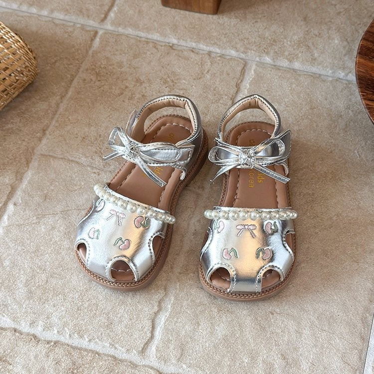 2026 Summer New Girls' Sandals, Pastoral Style With Delicate Embroidery, Sweet Closed-toe Hollow-out Soft Sole Pearl Princess Shoes 4