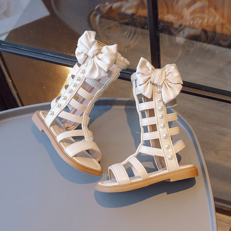 Summer Style Hollow-out Bow Pearl Sandals For Girls 3