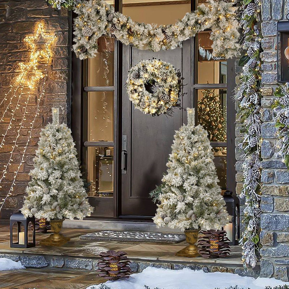 A set of 4 artificial Christmas trees, including flower garlands, flower garlands, and 2 entrance trees, with LED lights 2
