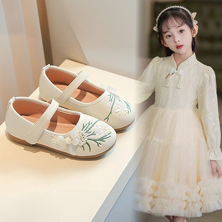 Ancient Style Girls Shoes, New Chinese Style Embroidered Flats, Spring And Autumn Hanfu Traditional Costume Shoes For Kids 1