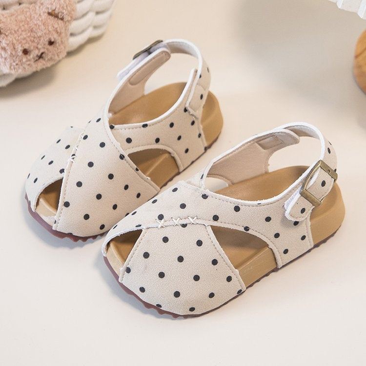 2026 Summer New Kids Polka Dot Birken Roman Sandals, Retro Fish Mouth Beach Shoes, Soft Sole Princess Shoes For Girls, Skirt Matching Flats 3