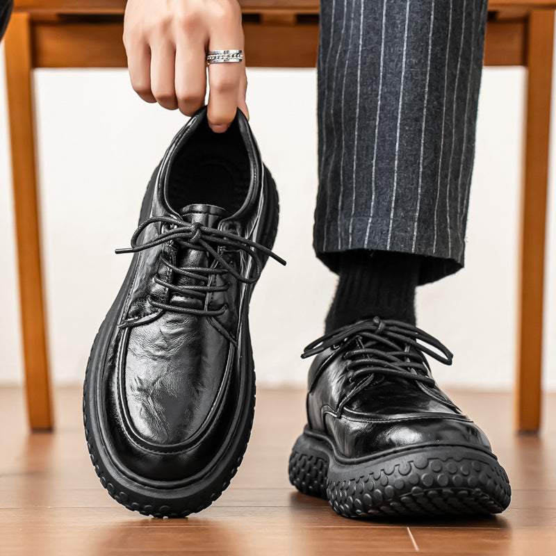 Trendy Brand Men's Leather Shoes, British Style Fashion Thick Sole Casual Footwear, Low-top Lace-up Height-increasing Breathable Black Loafers 1