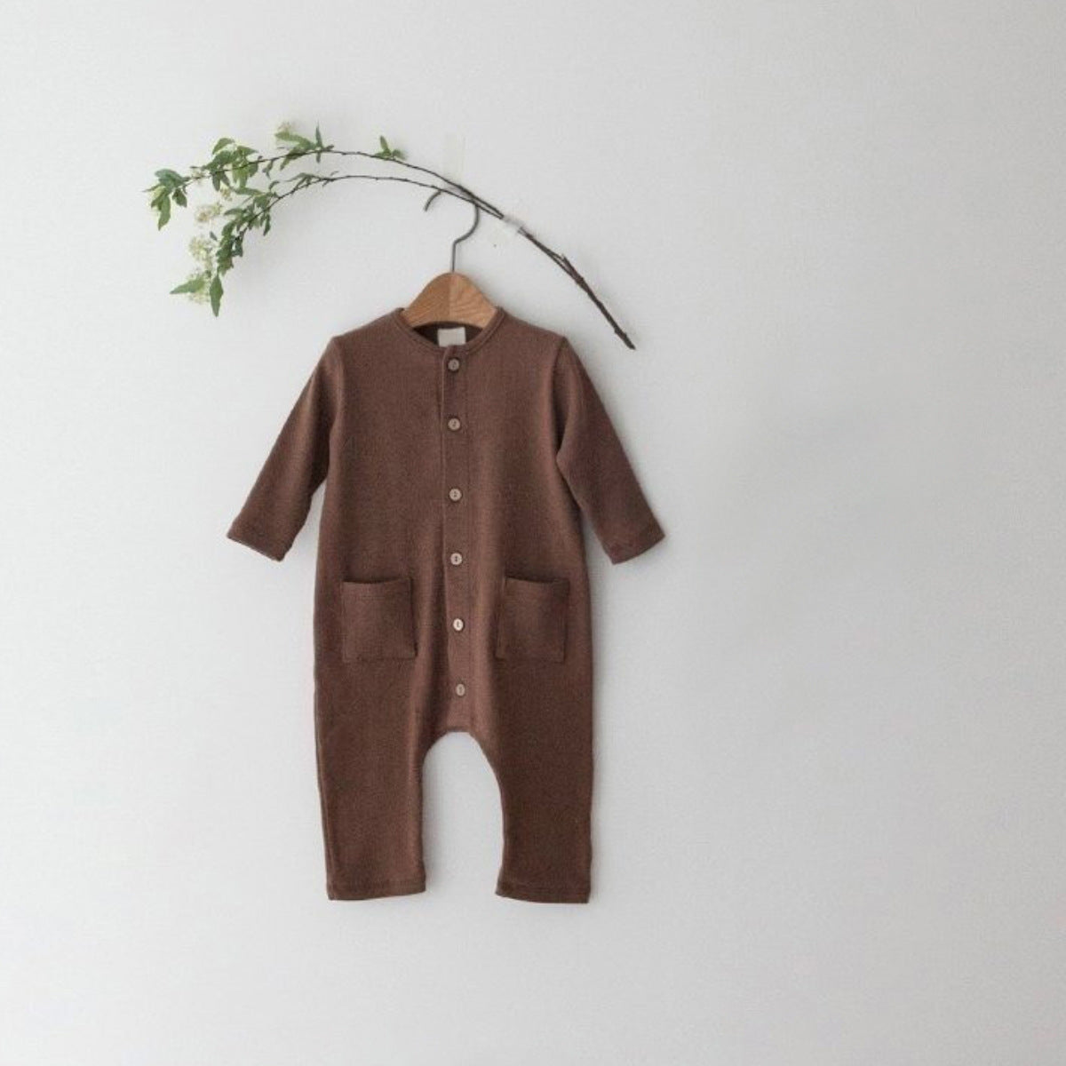 Solid-color Pocketed Chest-opening Baby Romper 7