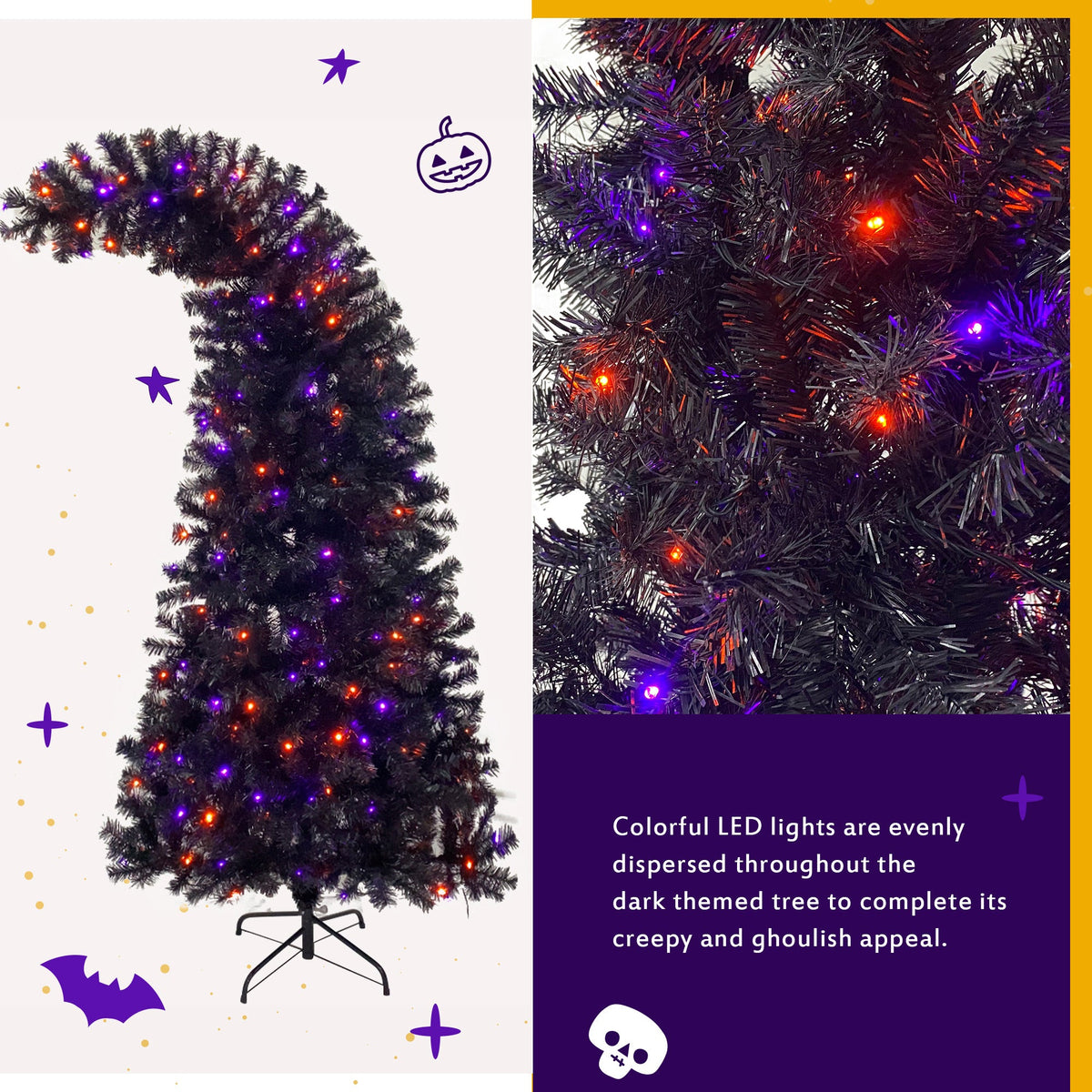6FT artificial fir curved top Halloween tree, with 1080 lush branch tips and 300 LED lights in a Christmas and Halloween style 19