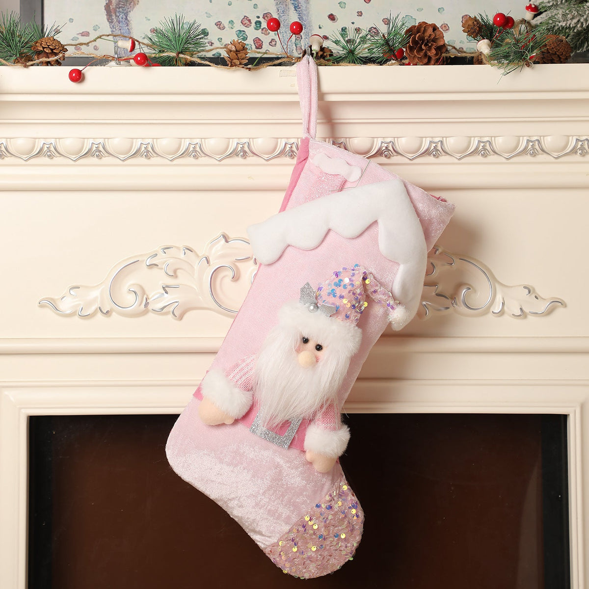Christmas decoration, pink sequins, children's cartoon roof, Santa Claus, Christmas socks, gifts, decorative items 6