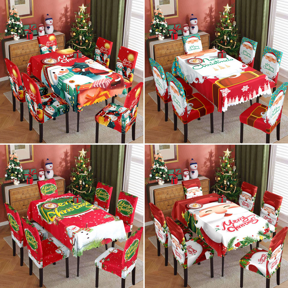 Christmas Waterproof Printed Tablecloth Restaurant Home Printed Chair Cover Christmas Tablecloth Chair Cover Decorative Set 1