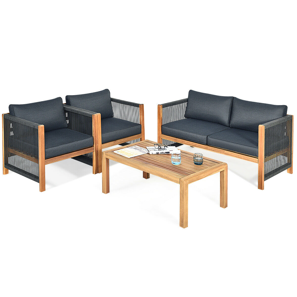 4 Pieces Acacia Wood Outdoor Patio Furniture Set with Cushions 4