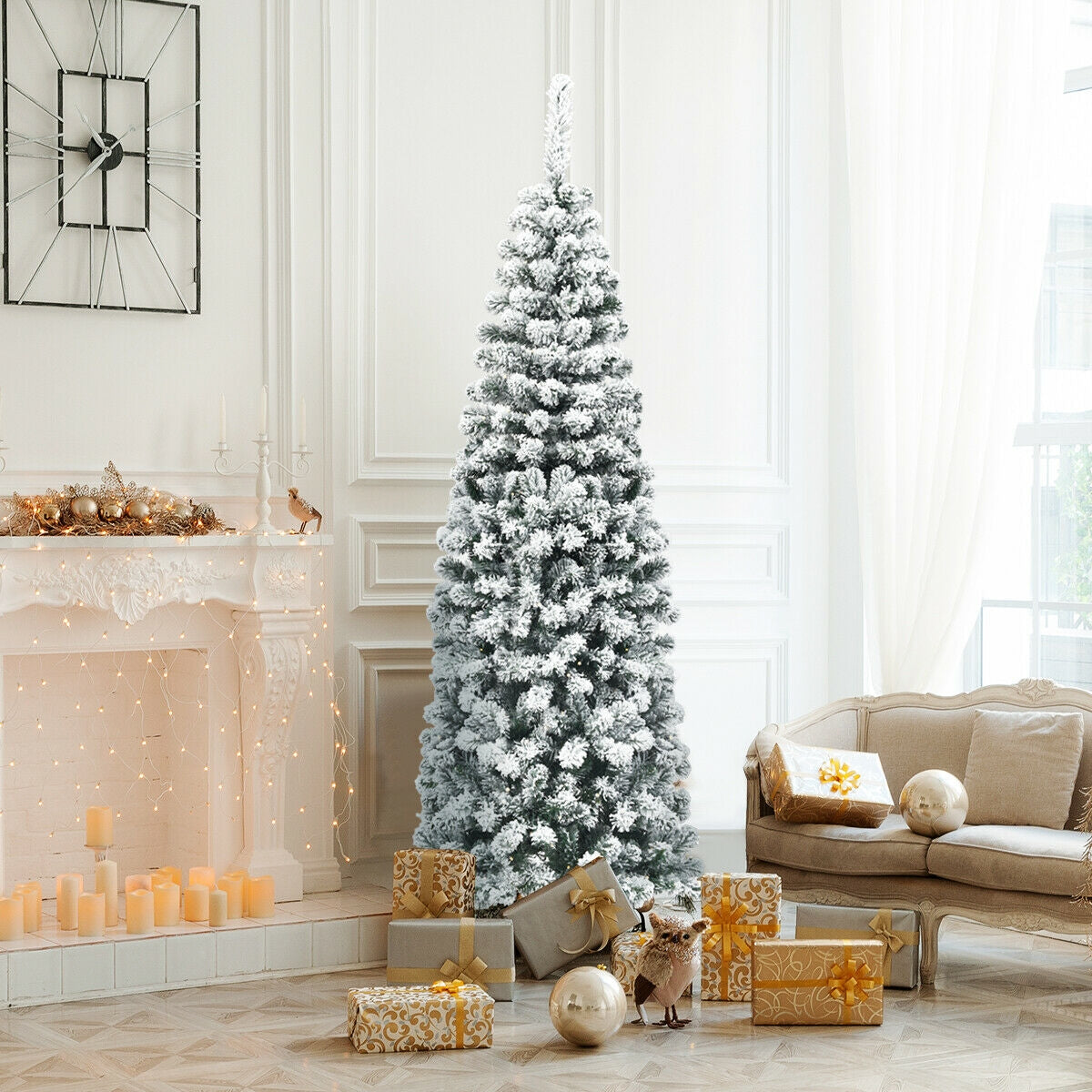6 Feet Unlit Hinged Snow Flocked Artificial Pencil Christmas Tree with 500 Branch Tip 1