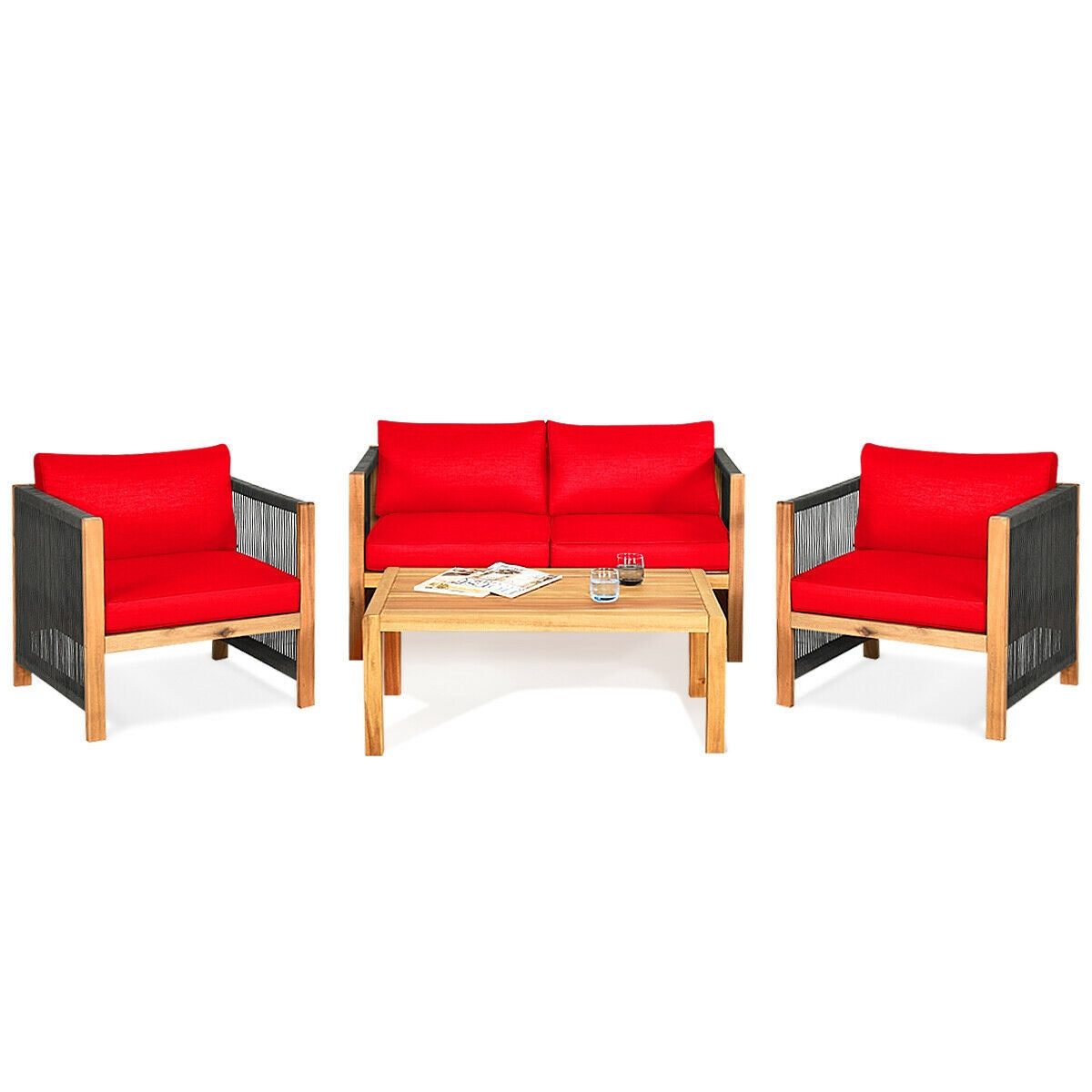 4 Pieces Acacia Wood Outdoor Patio Furniture Set with Cushions 9
