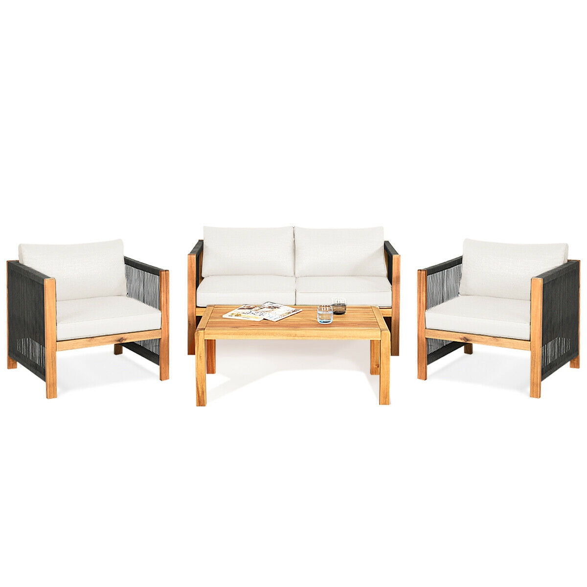 4 Pieces Acacia Wood Outdoor Patio Furniture Set with Cushions 11