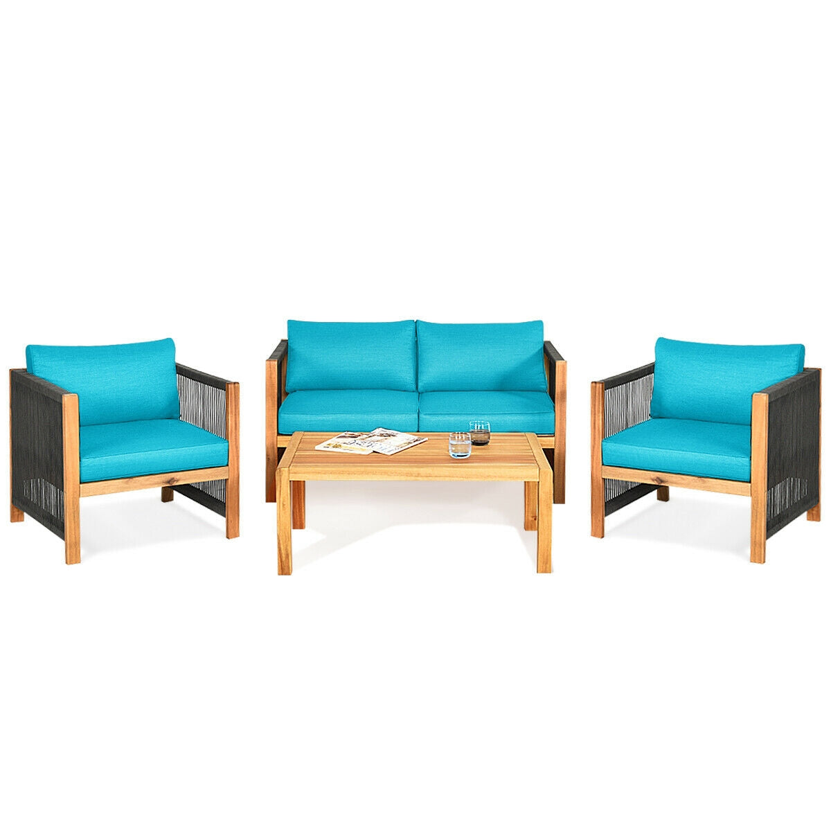 4 Pieces Acacia Wood Outdoor Patio Furniture Set with Cushions 10