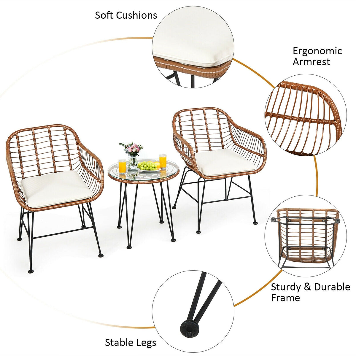 3-Piece Rattan Bistro Set with Cushions and Glass Table 7