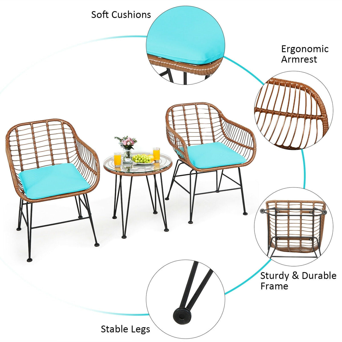 3-Piece Rattan Bistro Set with Cushions and Glass Table 13