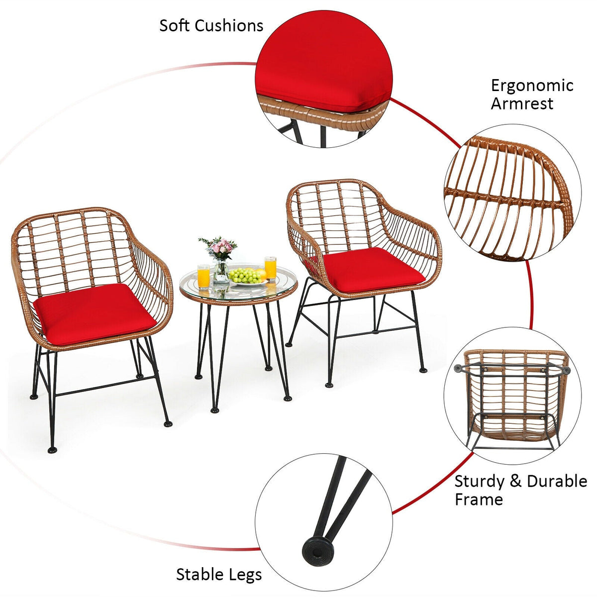 3-Piece Rattan Bistro Set with Cushions and Glass Table 21