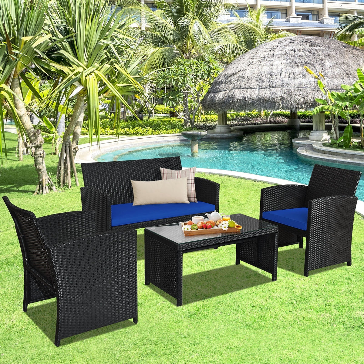 4 Pieces Rattan Patio Furniture Set with Weather Resistant Cushions and Tempered Glass Tabletop 1