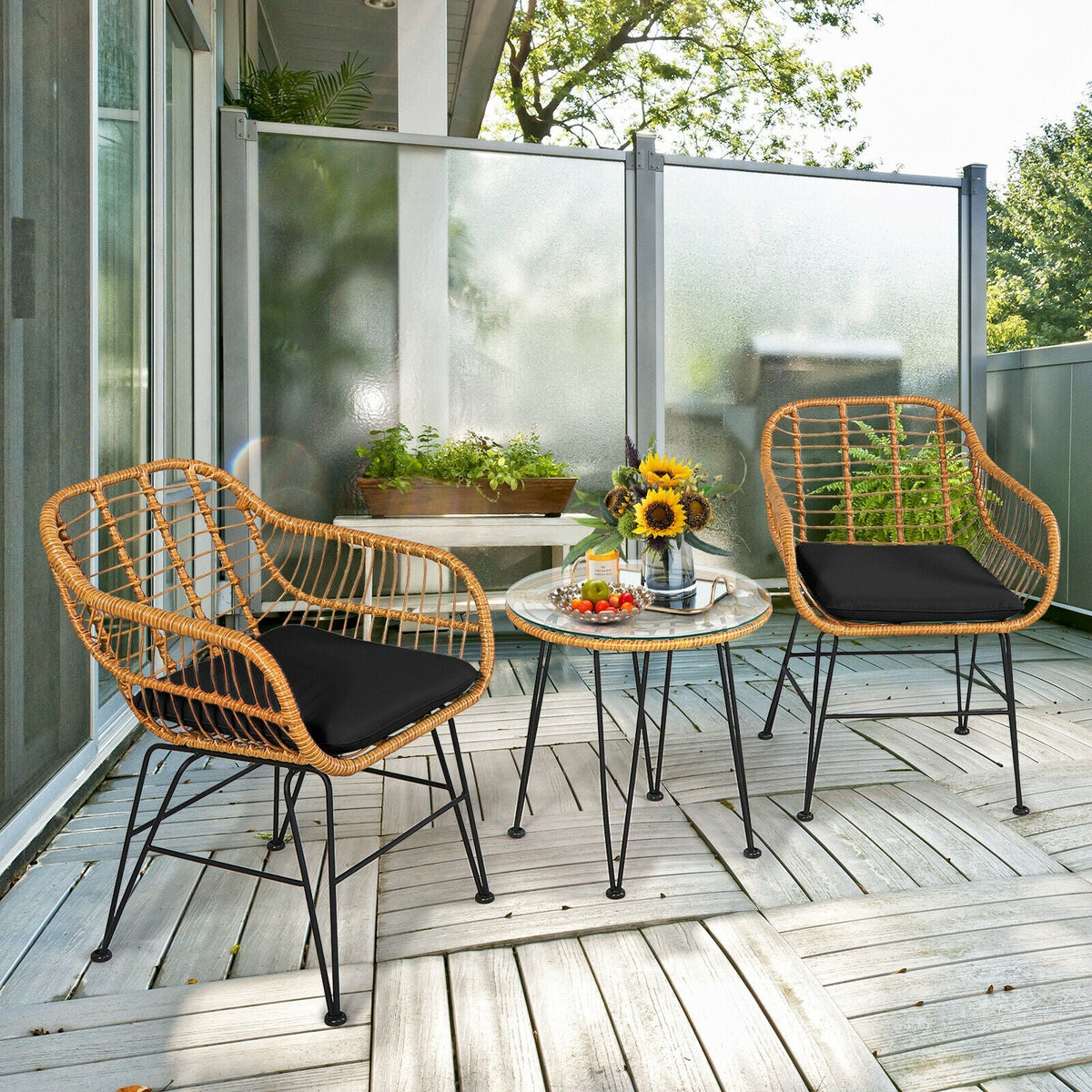 3 Pieces Rattan Furniture Set with Cushioned Chair Table 3