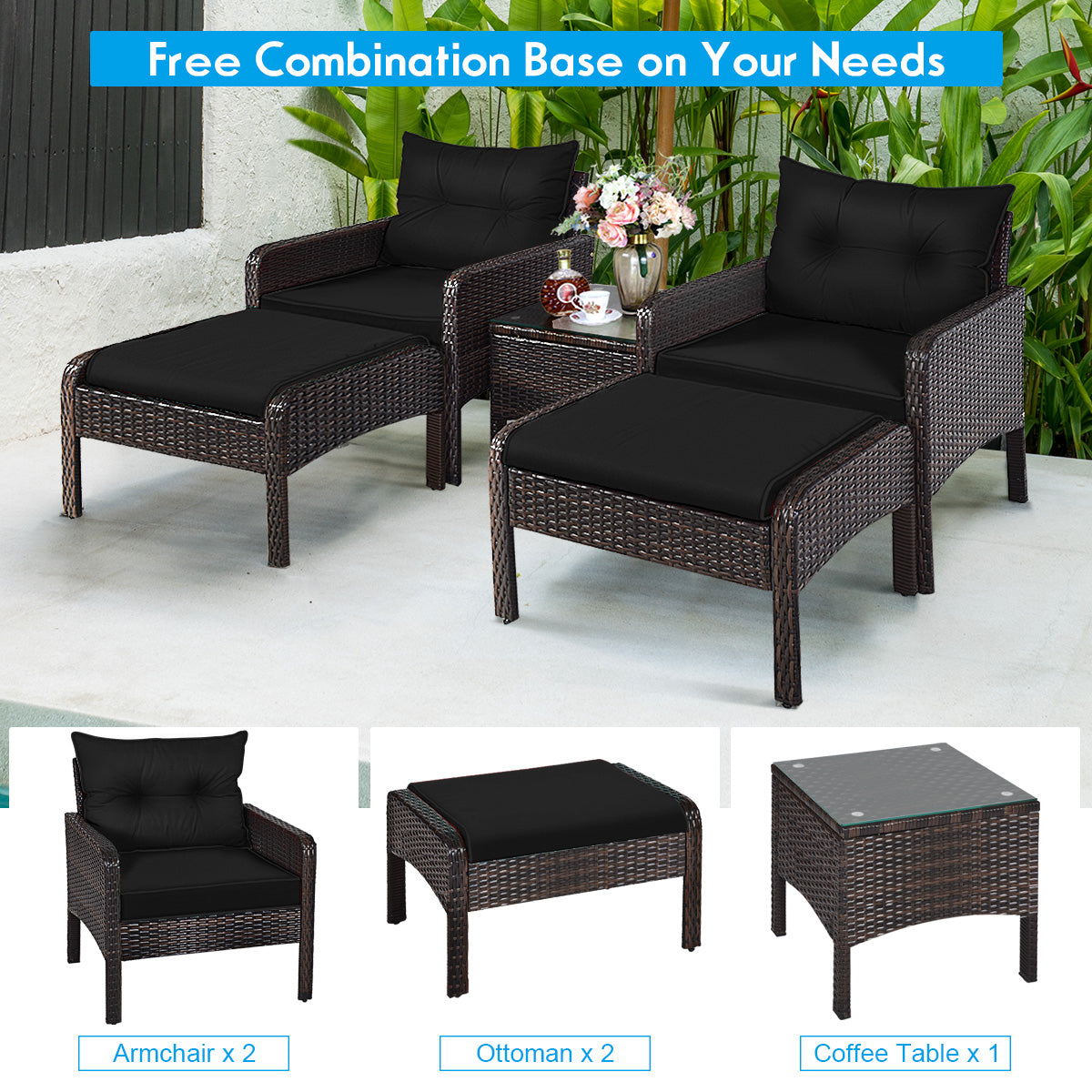 5 Pieces Patio Rattan Sofa Ottoman Furniture Set with Cushions-Black 9