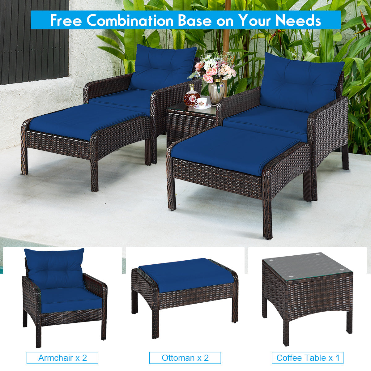 5 Pieces Patio Rattan Sofa Ottoman Furniture Set with Cushions-Black 10