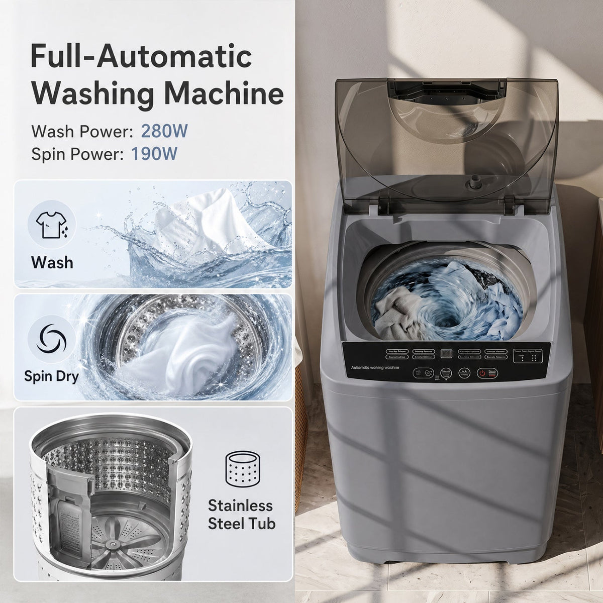 9.93 lbs Full Automatic Washing Machine with 8 Programs 4
