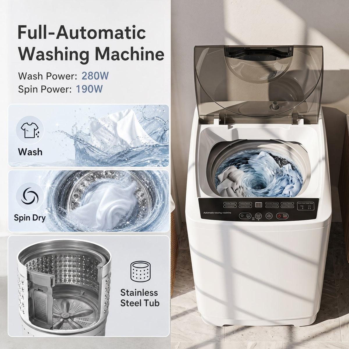 9.93 lbs Full Automatic Washing Machine with 8 Programs 12