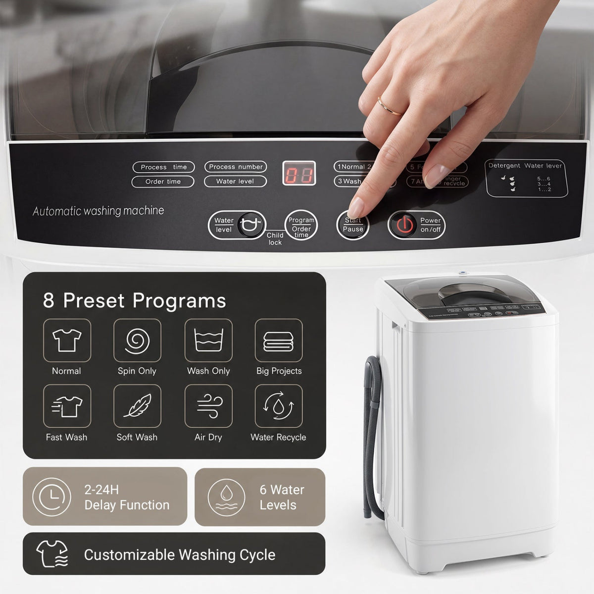 9.93 lbs Full Automatic Washing Machine with 8 Programs 13