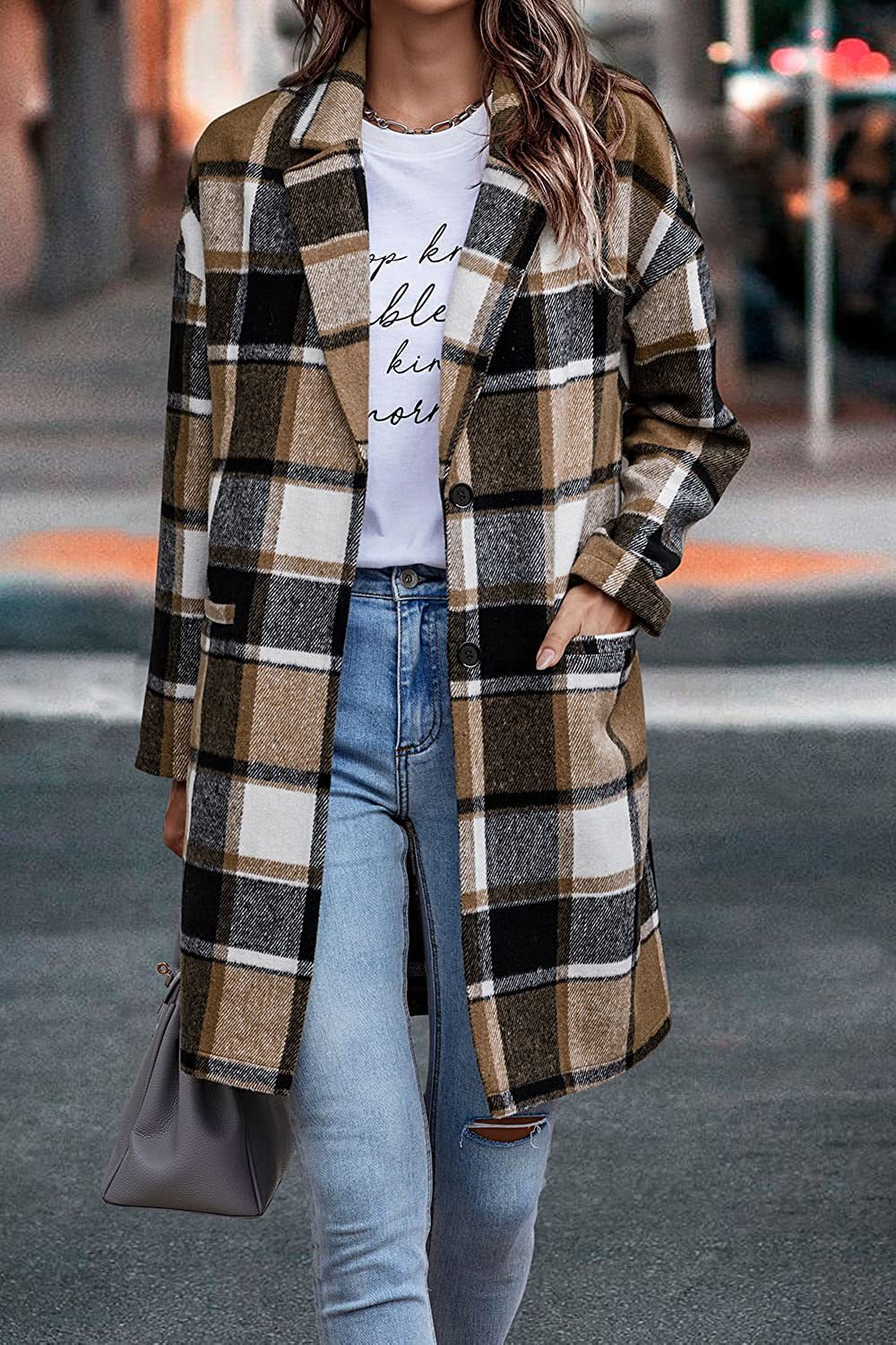 Fashion Plaid Long Jacket With Pockets Autumn And Winter New Style Turndown Collar Woolen Coat Outdoor Women Clothing 4