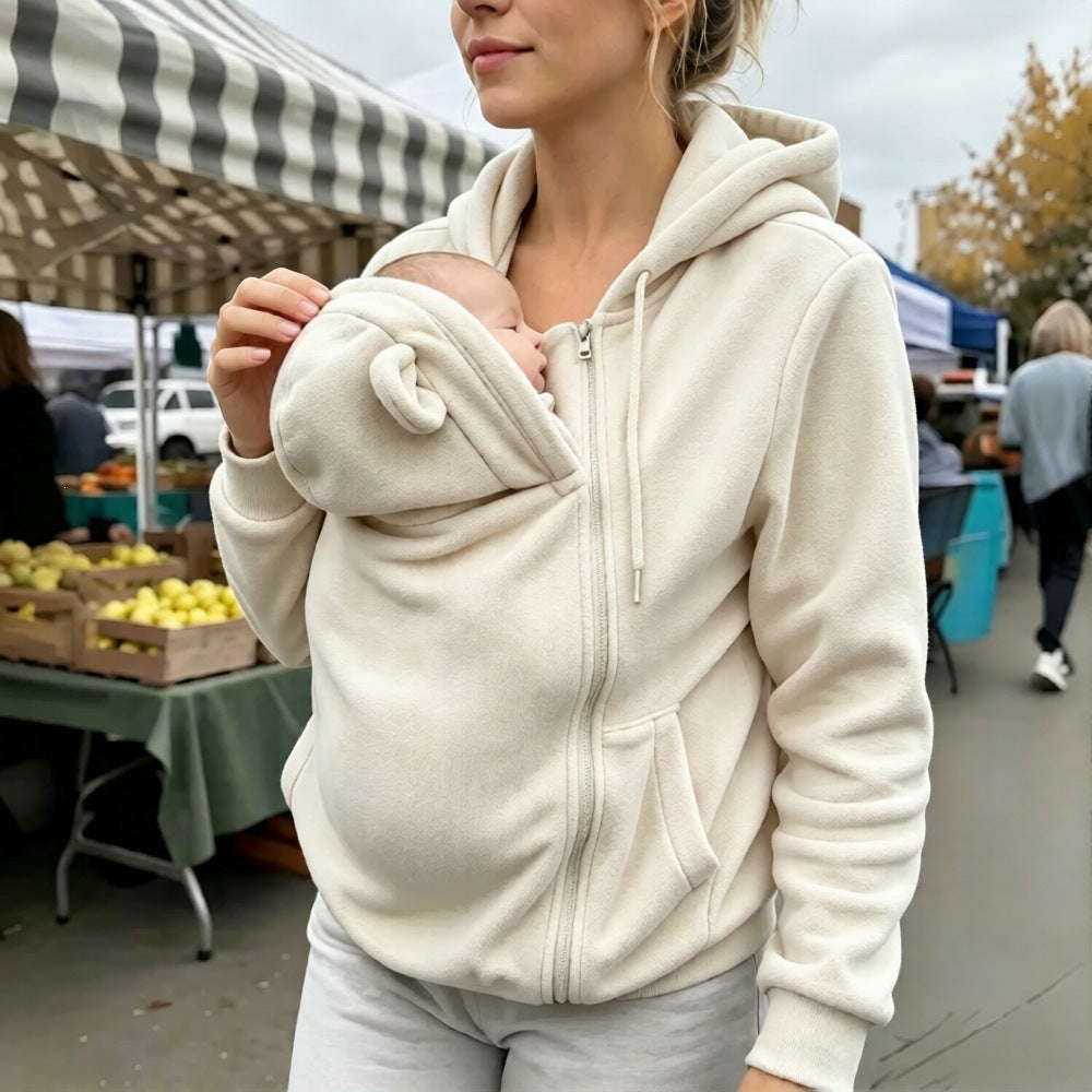 Winter European And American Style Kangaroo Mom Sweatshirt Loose Zipper Hoodie Warm Outerwear For Moms With Kids 3