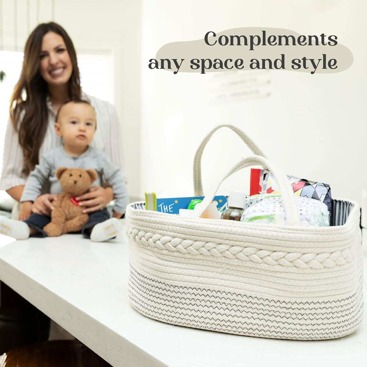 Diaper Caddy Organizer, Large Cotton Rope Nursery Baby Basket, Changing Table Organizer For Baby Diaper Storage, Portable Car Organizer With Removable Divider, Baby Shower Gifts 5