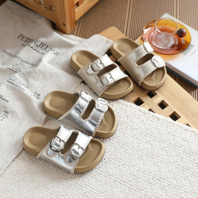 2026 Summer New Korean Girls Buckle Decor Slide Slippers Slip-On Thick Sole Sandals 1