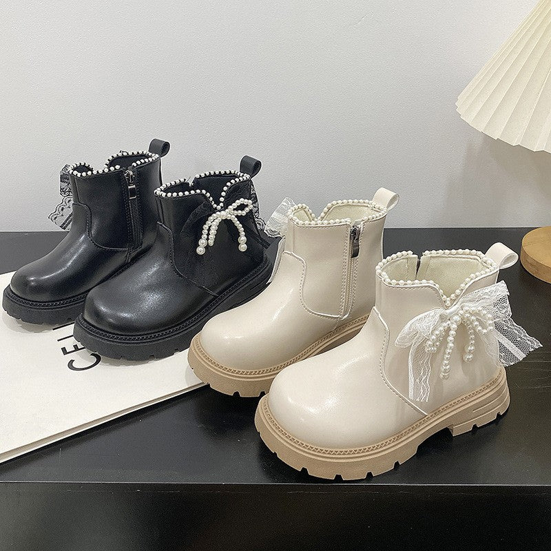 2026 Spring New Princess Boots For Girls, Kids Martin Boots, Bow & Pearl Decor Soft Sole Leather Boots For Big & Medium Kids 2